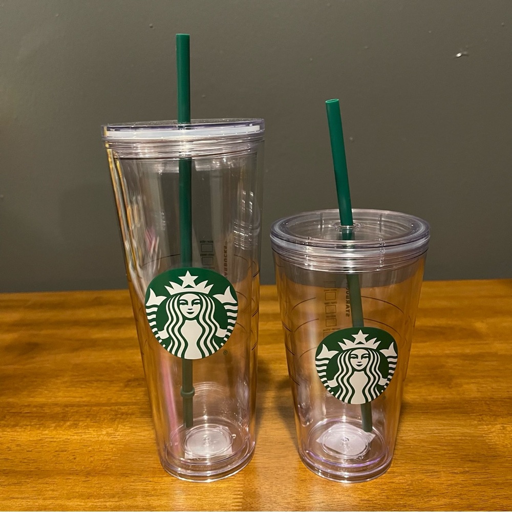 Starbucks Tumbler Clear Green Logo 24oz & 16oz  Double Wall green straw NWT set